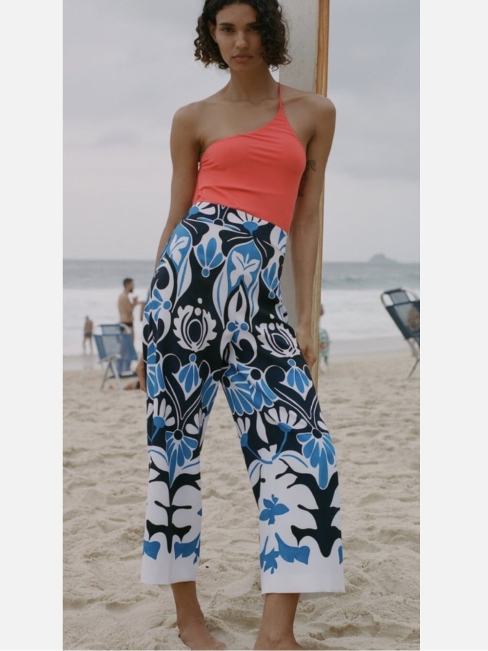 Zara Blue White Floral Print Pants Wide Leg Size M